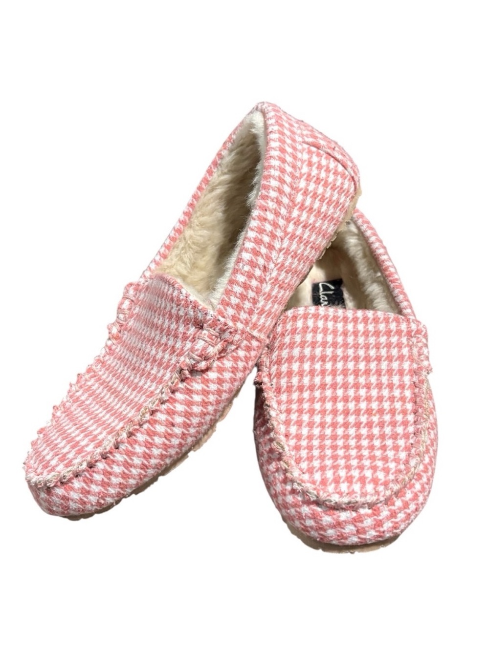Clarks Faux Fur White Houndstooth Plaid Moccasin Slippers Size 6